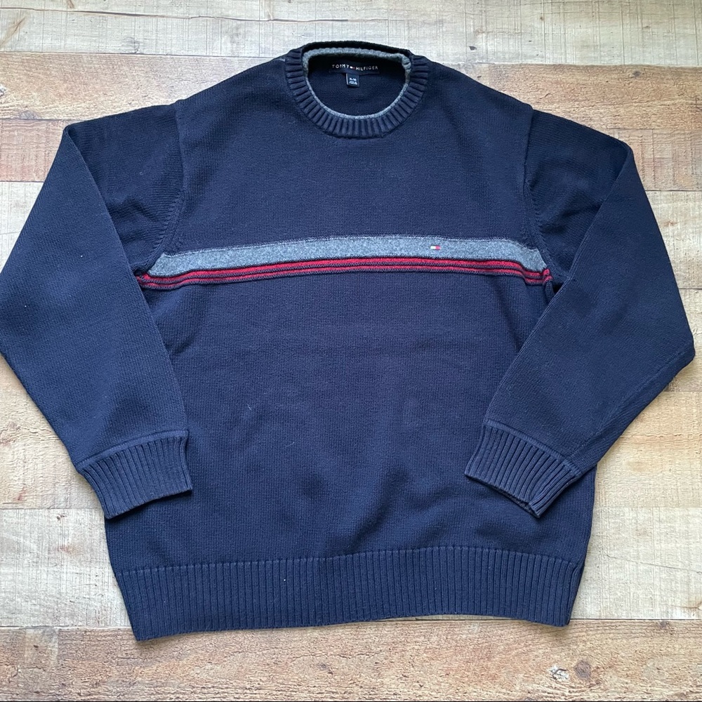 Tommy Hilfiger Striped Crew Neck Knit Sweater 80s Grunge Boxy Fit XL Navy Blue